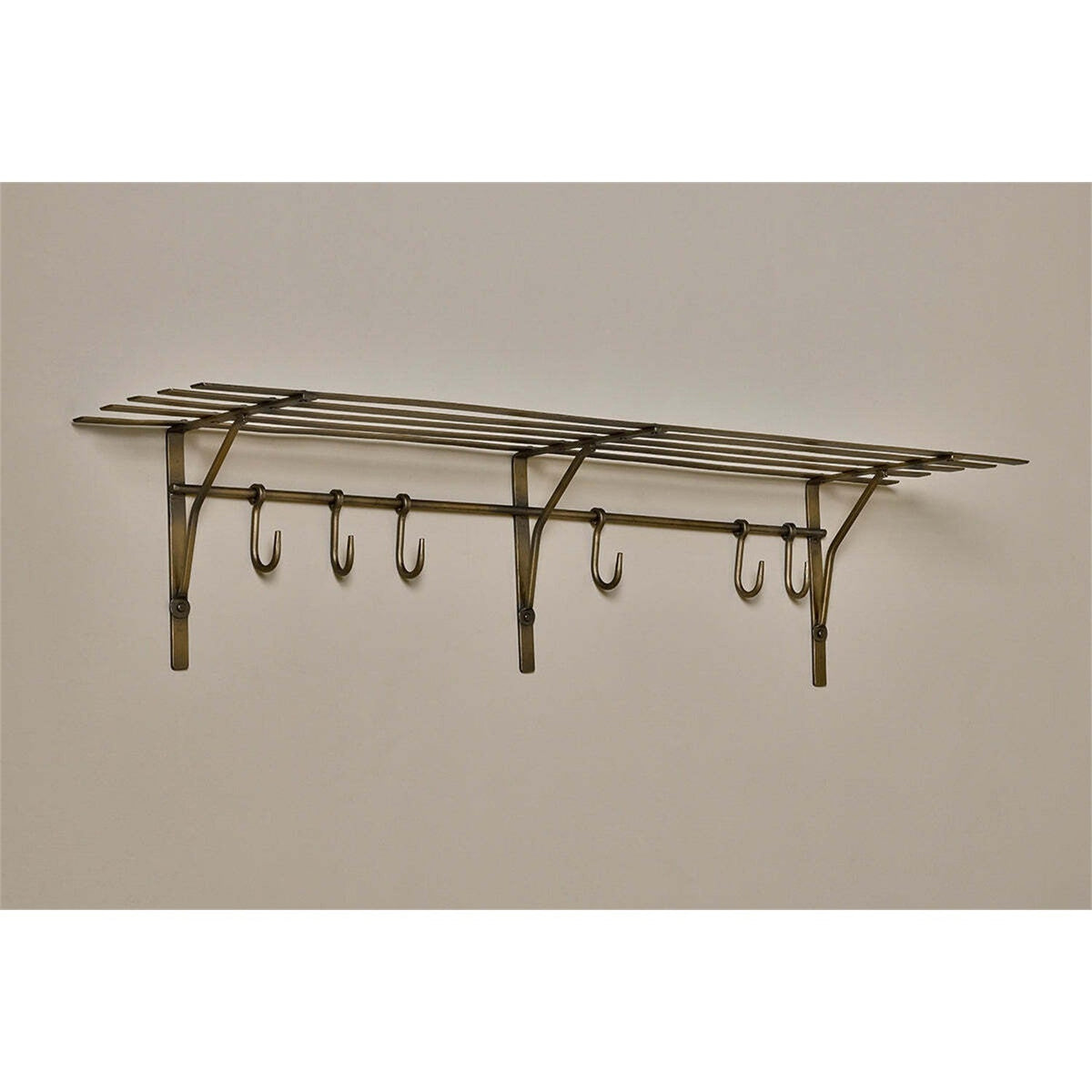 Basti 6 Hook Iron Wall Shelf - Antique Brass