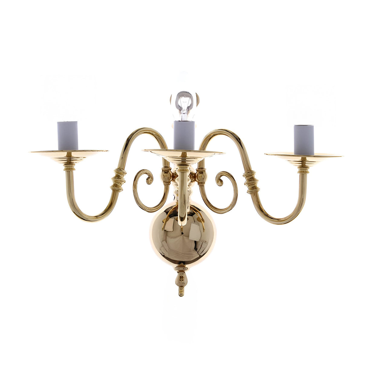 Impex Anwerra 3-light solid brass wall light in polished brass with scroll arms, candle holders and a spherical backplate, on a white background.