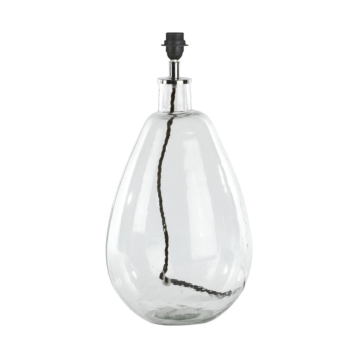 Baba Small Tall Recycled Glass Lamp Base in clear, teardrop-shaped with uneven glass walls, chrome collar, black E27 lampholder, and visible brown flex, shown on a plain white background.