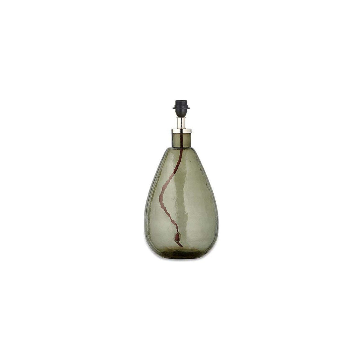 Baba Small Tall Recycled Glass Lamp Base in green, a teardrop-shaped hammered glass table lamp with chrome neck collar and black E27 lampholder, on a plain white background.