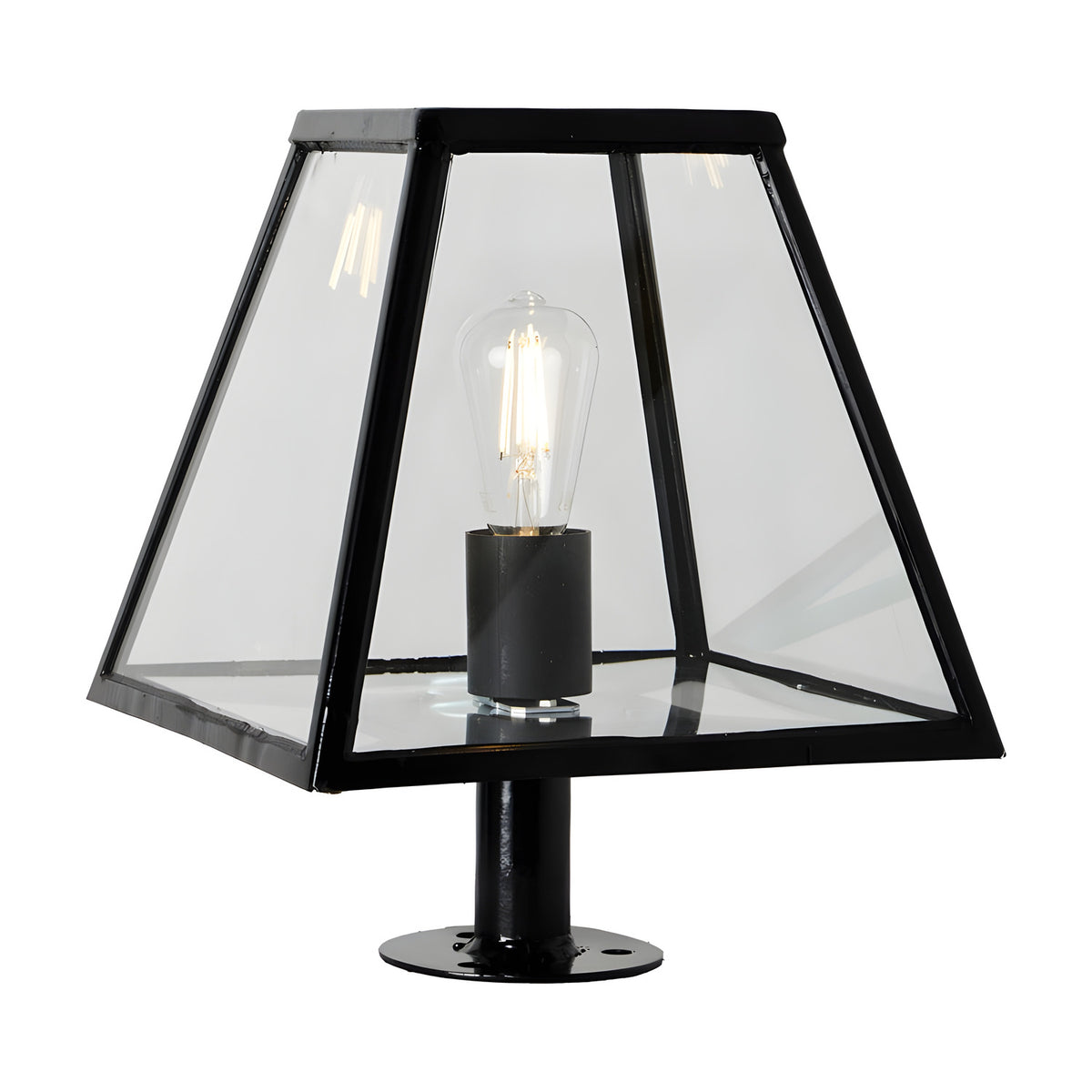 Small contemporary pillar light in black steel with a tapered glass panel shade, exposed E27 bulb, and pedestal base plate, shown on a plain white background.