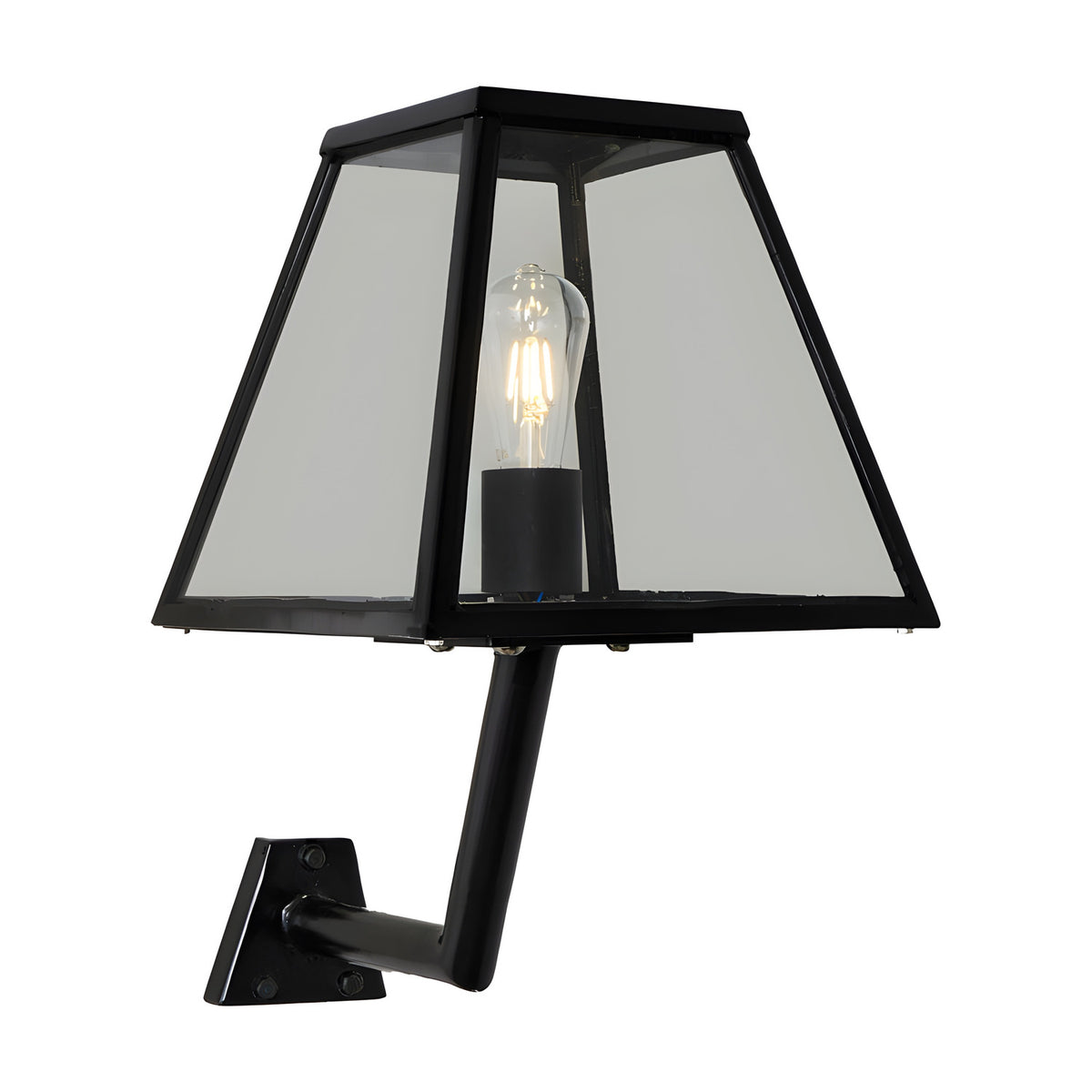 Small Contemporary Wall Lantern in black steel with a tapered glass shade and exposed bulb, mounted on an angled bracket, shown on a plain white background.