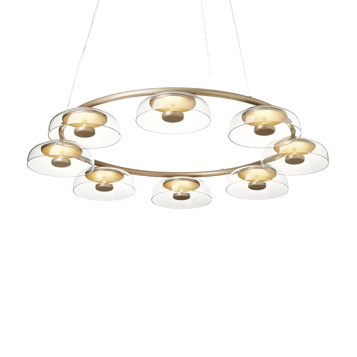 The Blossom 6/8 LED Glass Chandelier - Gold features eight clear glass dome lights, suspended by thin wires, offering elegant and modern lighting—ideal for enhancing any space with a contemporary touch.