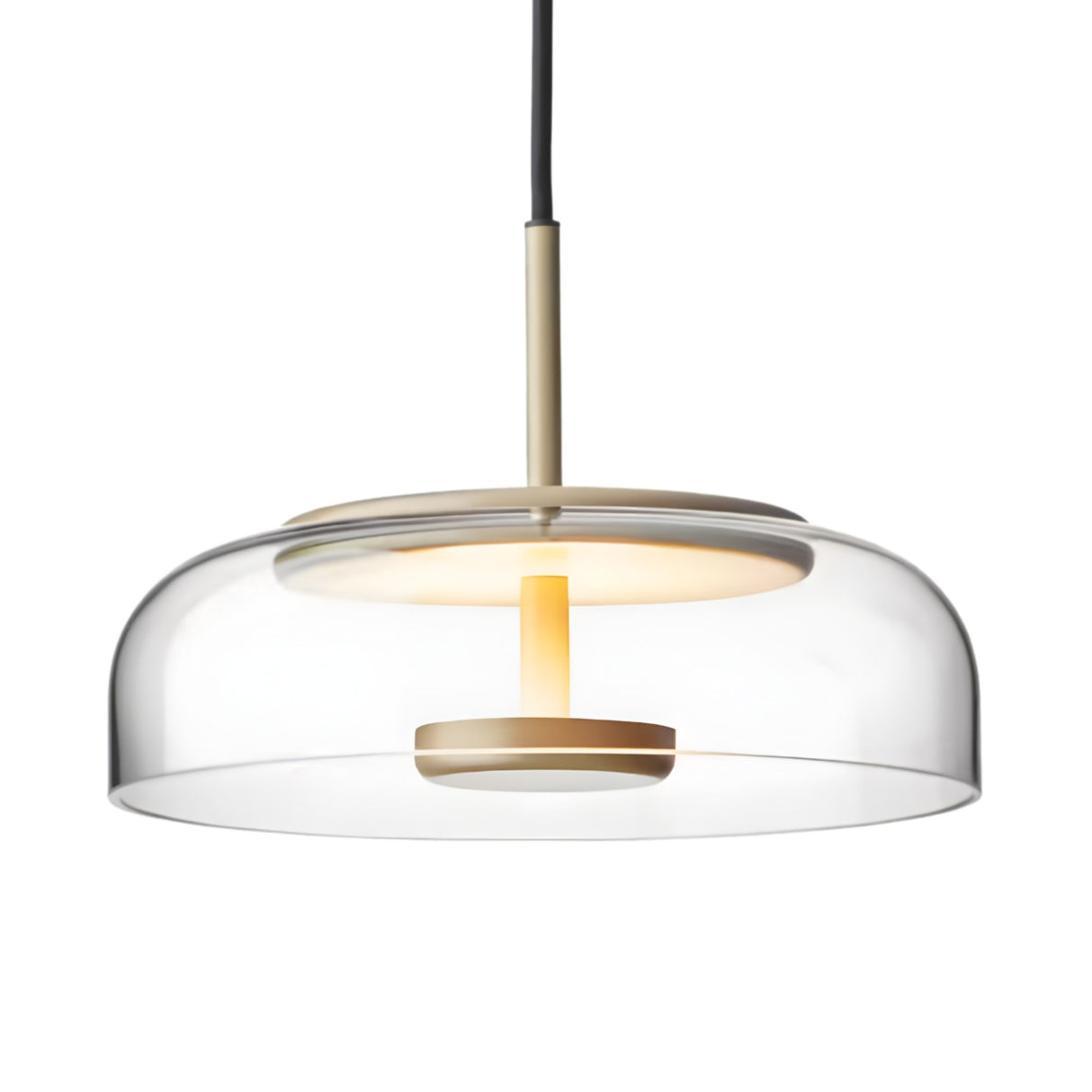 The Blossom LED Glass Pendant Light - Gold features a clear glass dome shade, gold-finished inner rod, circular diffuser, and a black suspension cord for a sleek contemporary look.