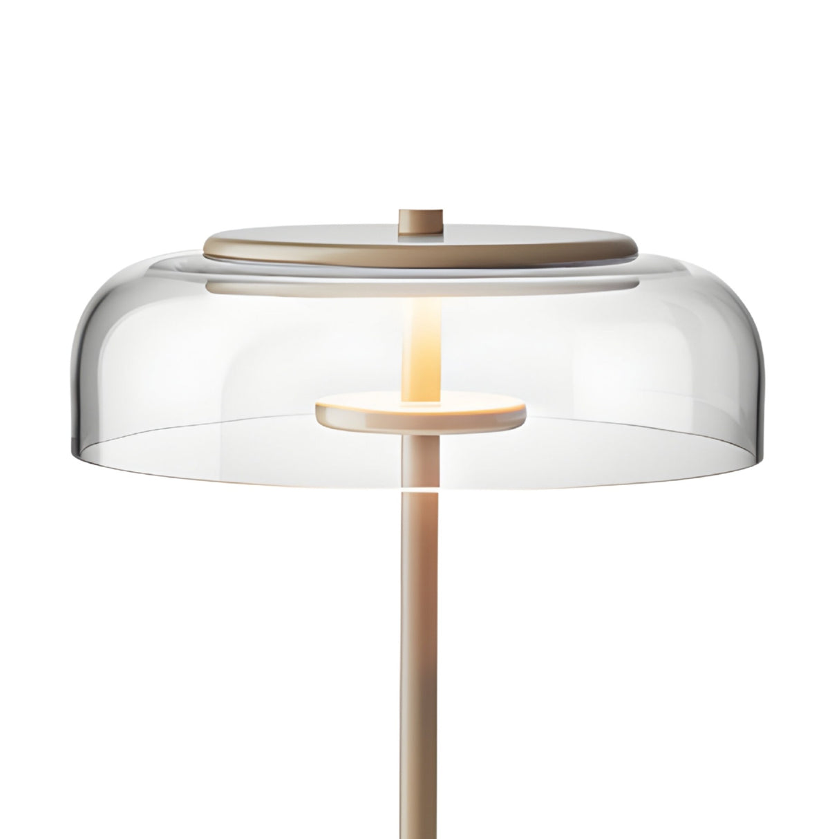 The Blossom LED Floor Lamp - Gold features a slim gold stand and a transparent, dome-shaped glass shade over a circular light source. Its minimalistic, contemporary design complements any modern décor.