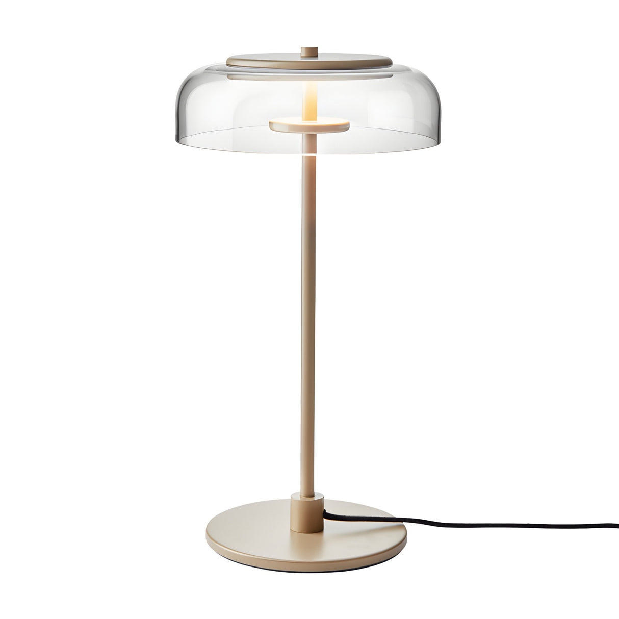 The Blossom LED Glass Table Lamp - Gold features contemporary styling with a gold base and stem, clear dome-shaped shade, visible bulb, innovative LED technology, and a black power cord for a sleek look.