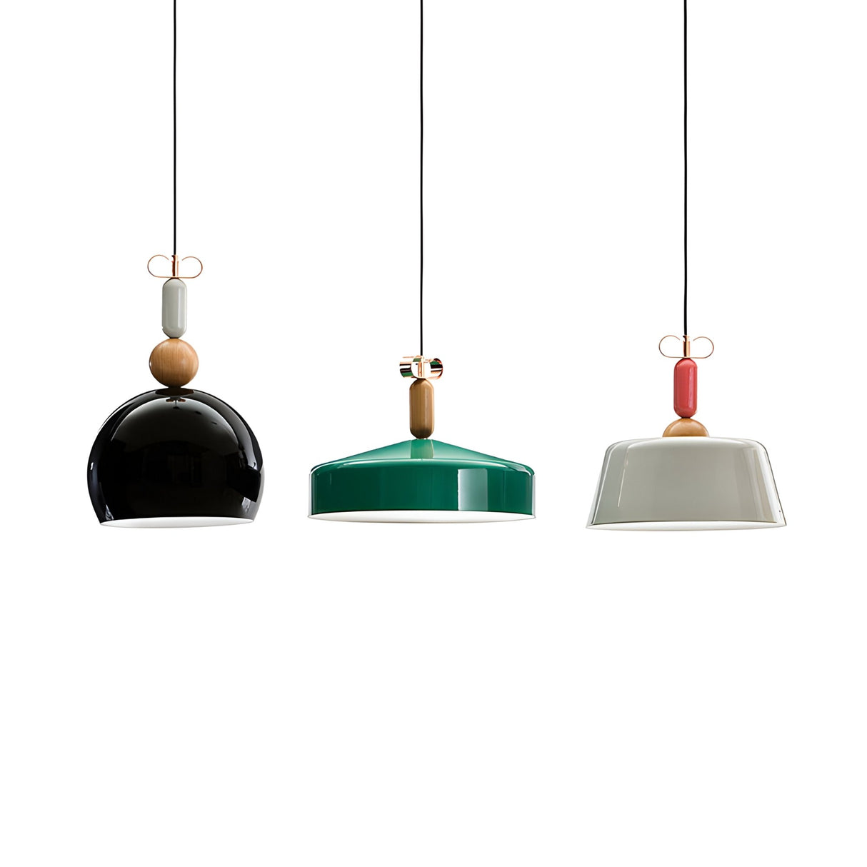 Three modern Bon Light Pendant Lights - Black hang in a row, featuring sleek black finishes and wood accents along the cords—perfect for adding minimalist style to any interior.