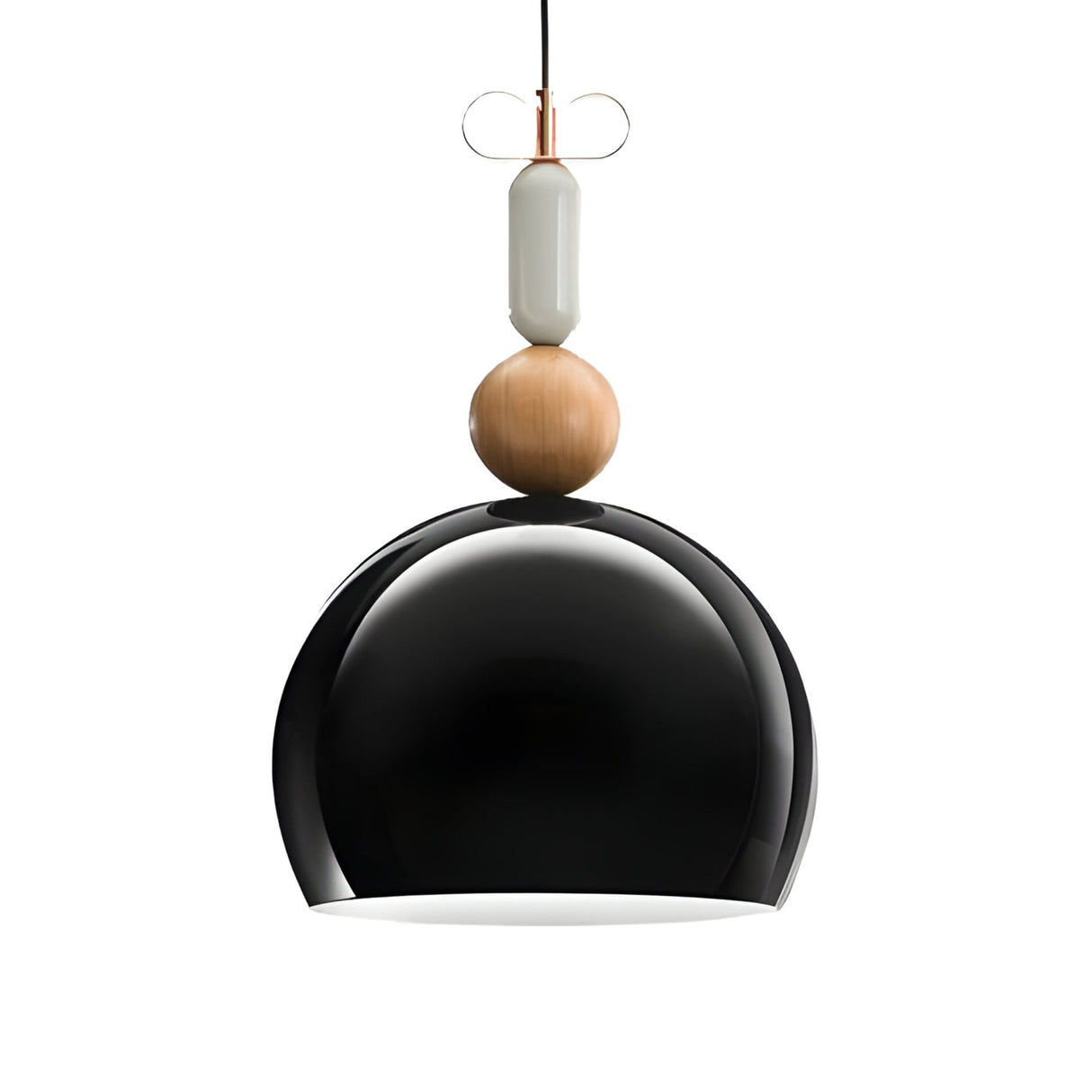 The Bon Light Pendant Light - Black features a glossy black dome-shaped shade, a wooden sphere, and a ceramic cylinder, all suspended from a black cord—perfect for adding style to any minimalist space.