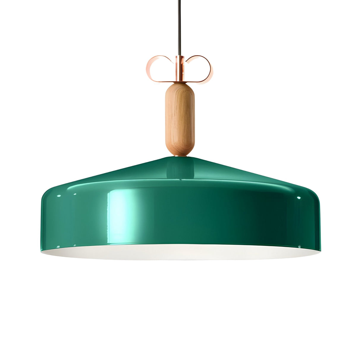 The Bon Light Pendant Light - Green features a glossy green shade, wooden accent, and copper detail on a black cord, creating stylish ambient lighting for any modern space.