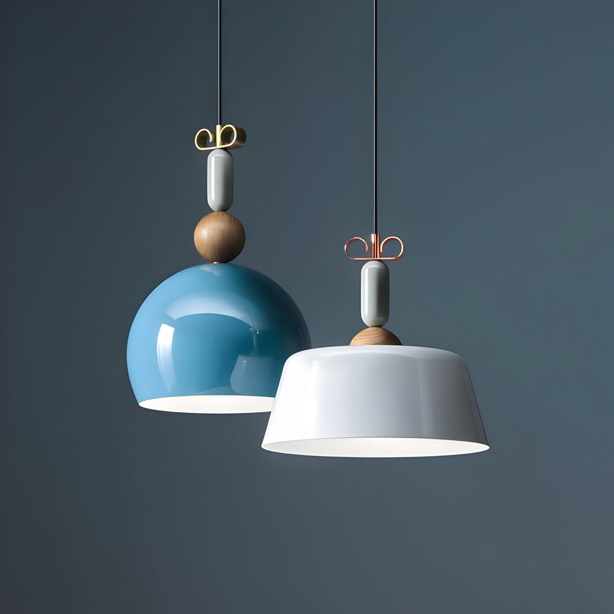 The Bon Light Pendant Light in white hangs against a blue-gray backdrop, featuring a sculptural form with a wide rim and stylish wooden and metal accents, casting warm ambient lighting.