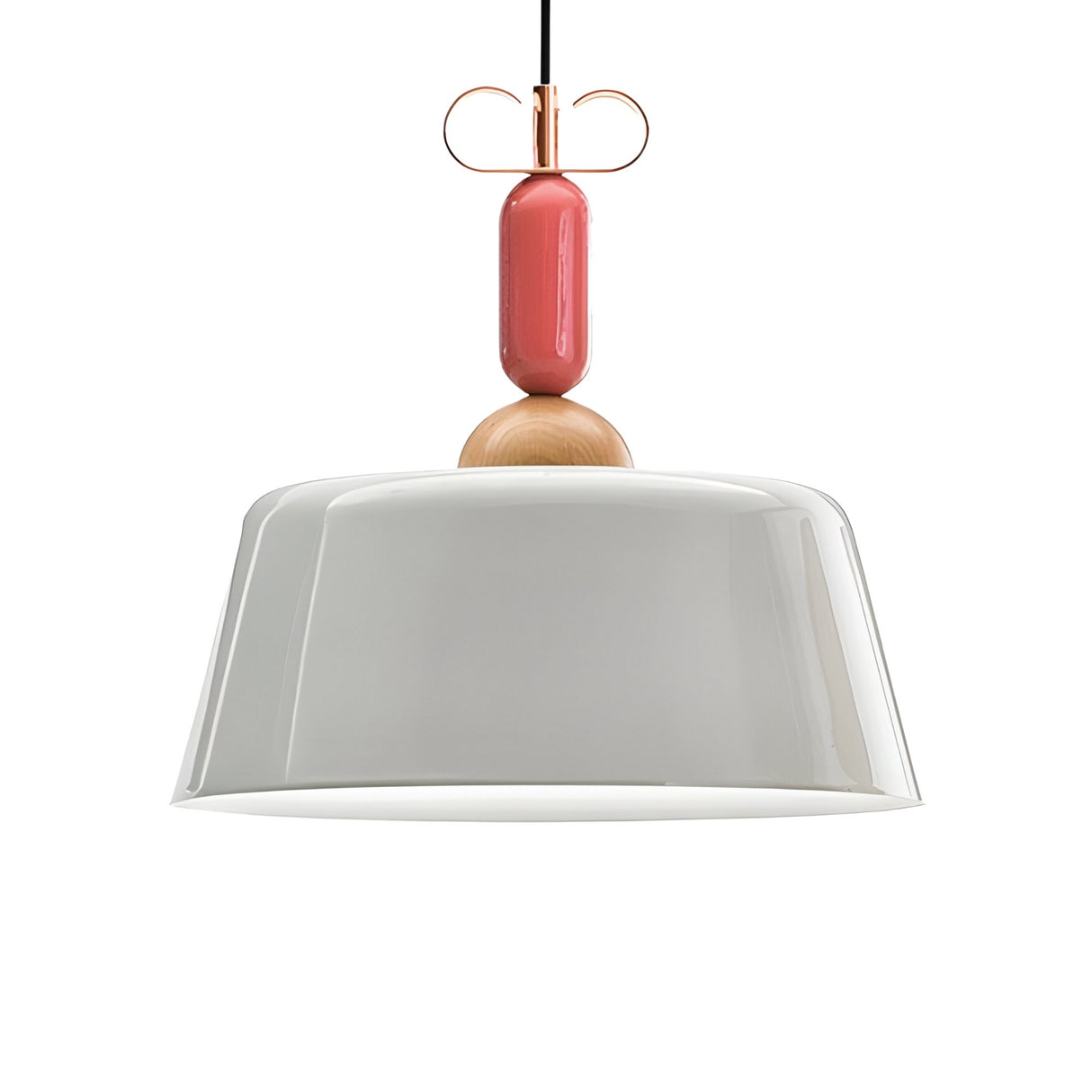The Bon Light Pendant Light - White features a glossy white shade, sculptural form, wooden top accent, pink cylindrical detail, and copper elements. It hangs from a black cord to provide ambient lighting against a white background.