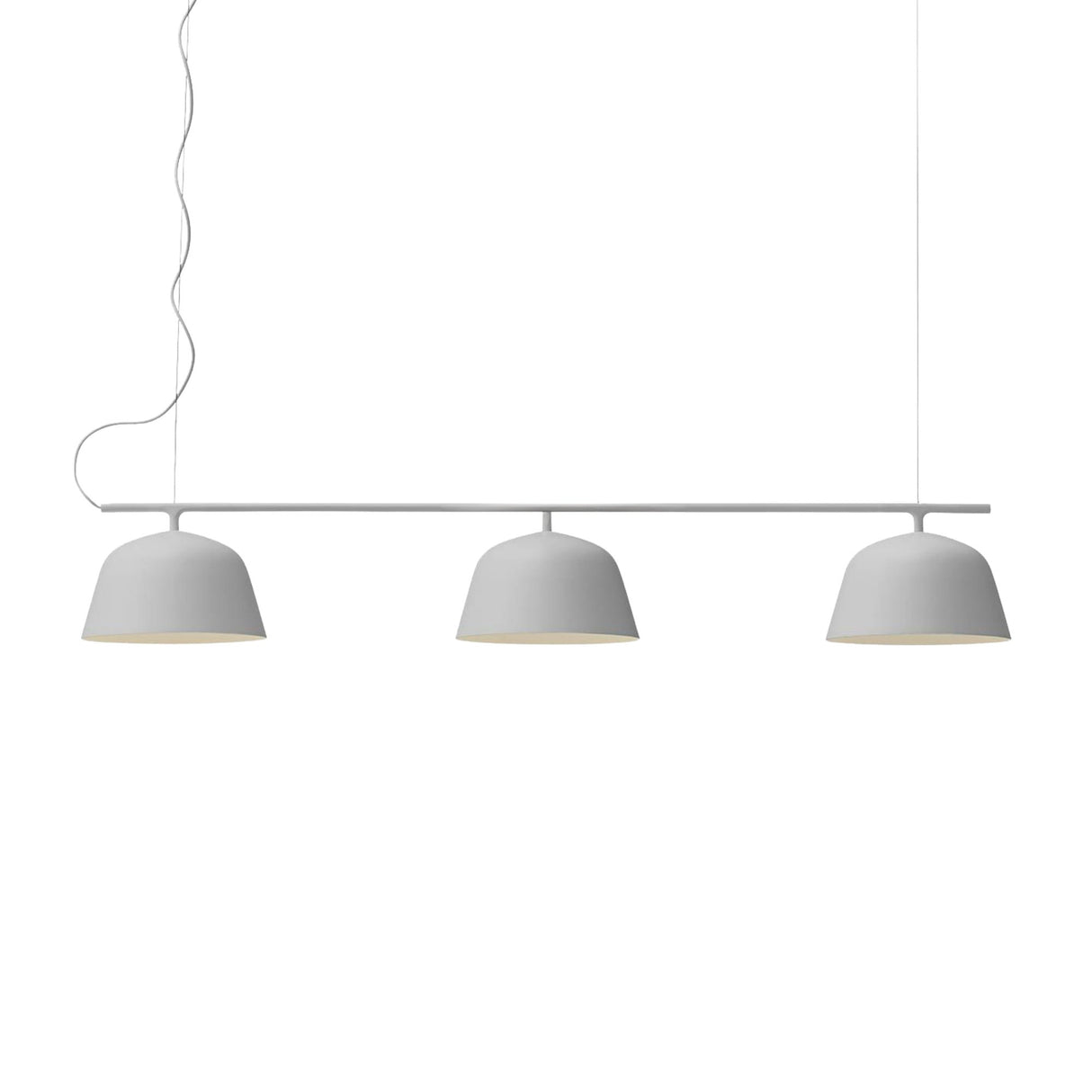 The Bounds 3 Light Linear Suspension Light in light grey features three evenly spaced dome-shaped white lampshades hanging from a horizontal bar by two cords, with a minimalist design against a plain white background.