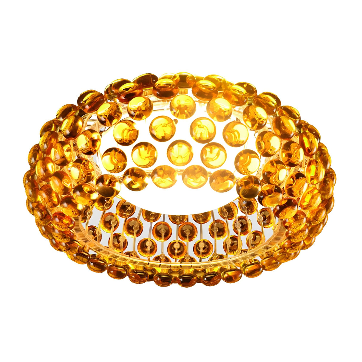 The Briller LED Ceiling Light - Gold features a round, golden-yellow design with raised, glossy circular beads on its surface, creating a glowing, jewel-like effect that adds luxurious lighting to any room.
