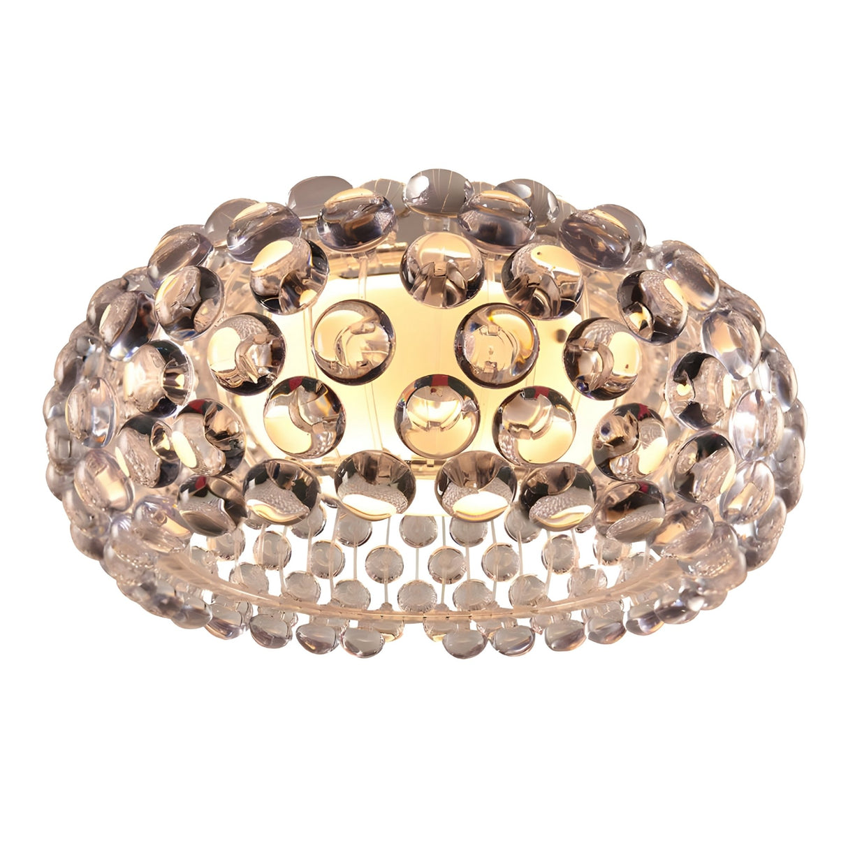 The Briller LED Ceiling Light - Transparent features a modern circular design with gemstone-inspired lighting and multiple clear, round crystal-like accents surrounding a warm, glowing interior bulb.
