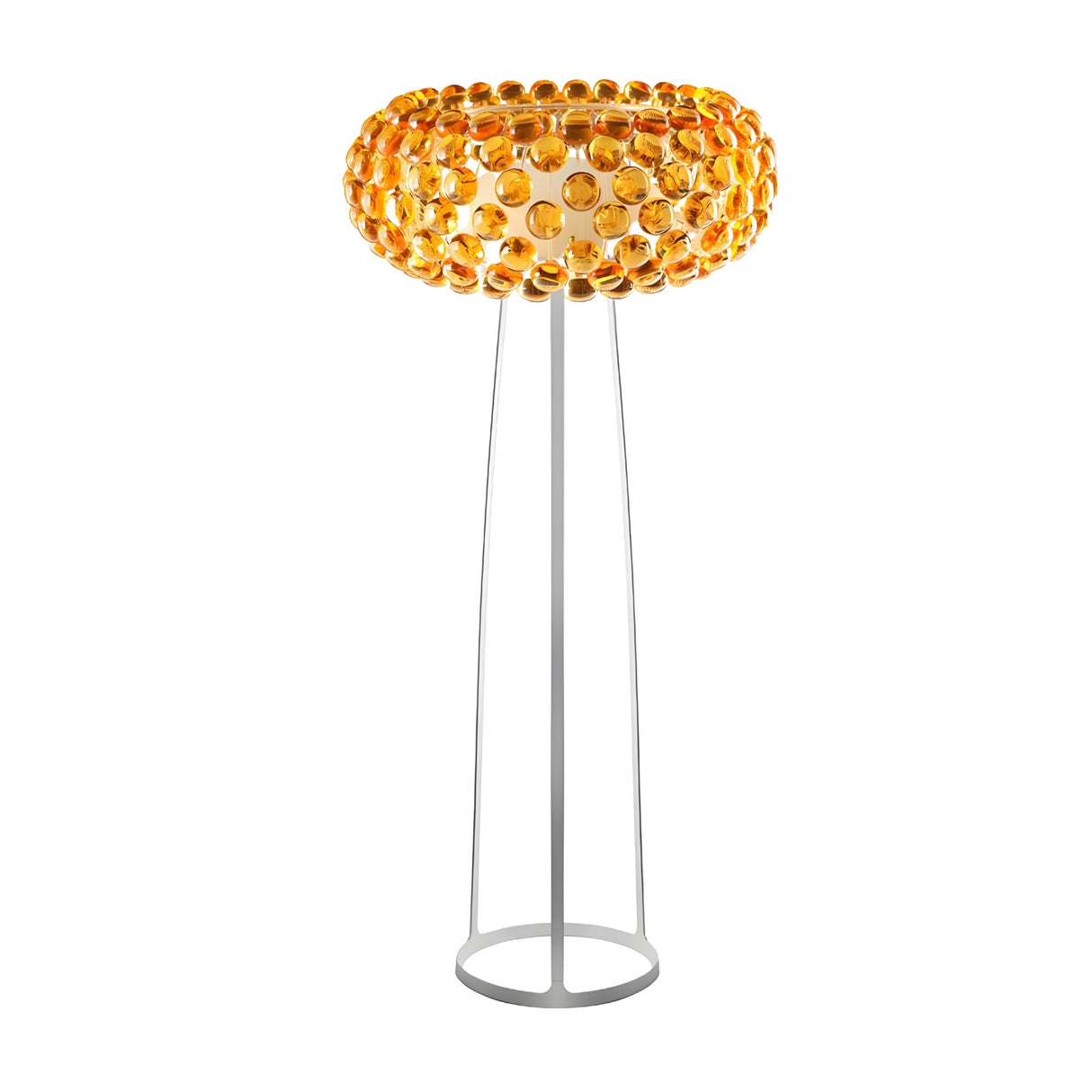 The Briller LED Floor Light - Gold features a circular, honeycomb-patterned orange shade made of translucent discs, offering ambient lighting atop three slim gold-finished legs and a sturdy round base.