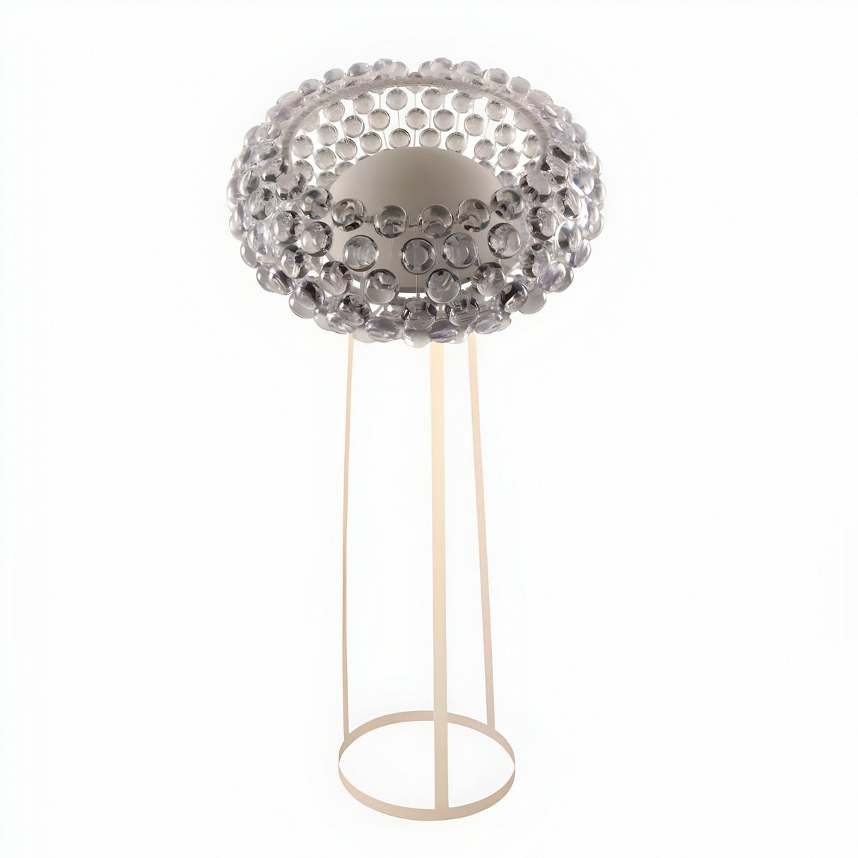 Briller LED Floor Lamp by Niori with a round clear acrylic sphere shade on a slim white metal frame with open ring base, on a white background.