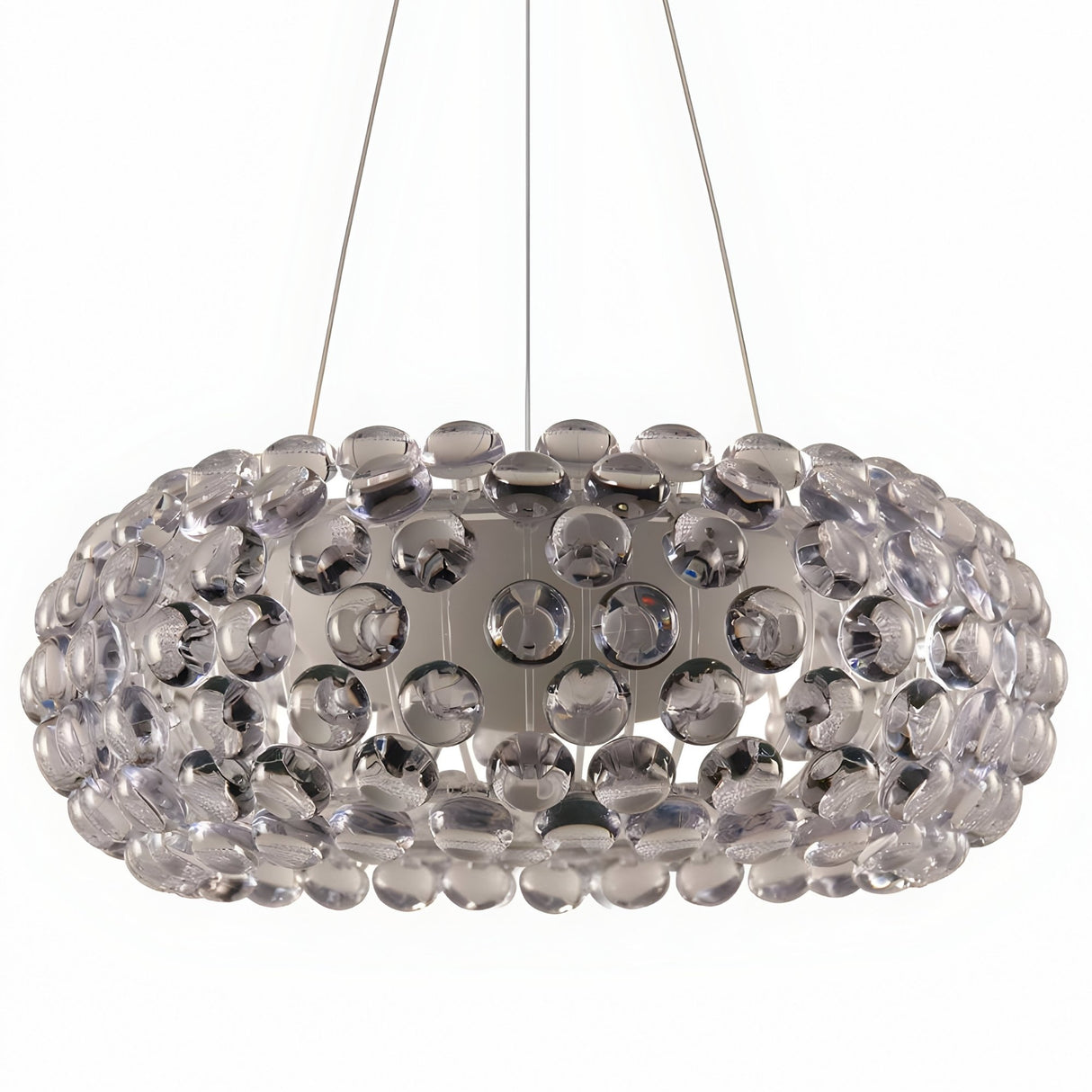 The Briller LED Large Suspension Light - Clear features a modern metallic frame and rows of clear acrylic spheres, suspended by three slim cables for a sleek, elegant look.