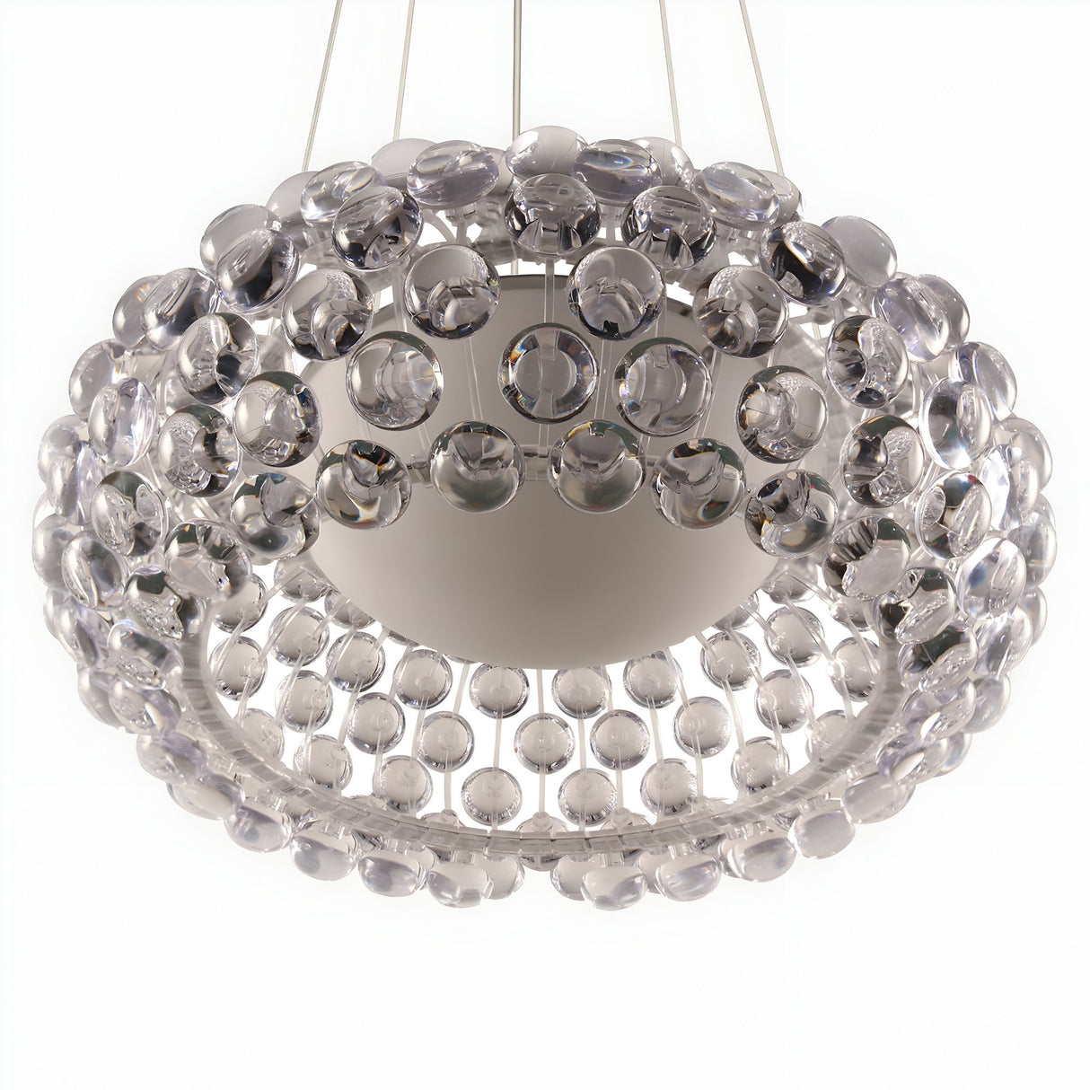 The Briller LED Large Suspension Light - Clear features multiple clear acrylic spheres in concentric rings, suspended by thin wires, adding modern elegance to any space with its striking circular design.