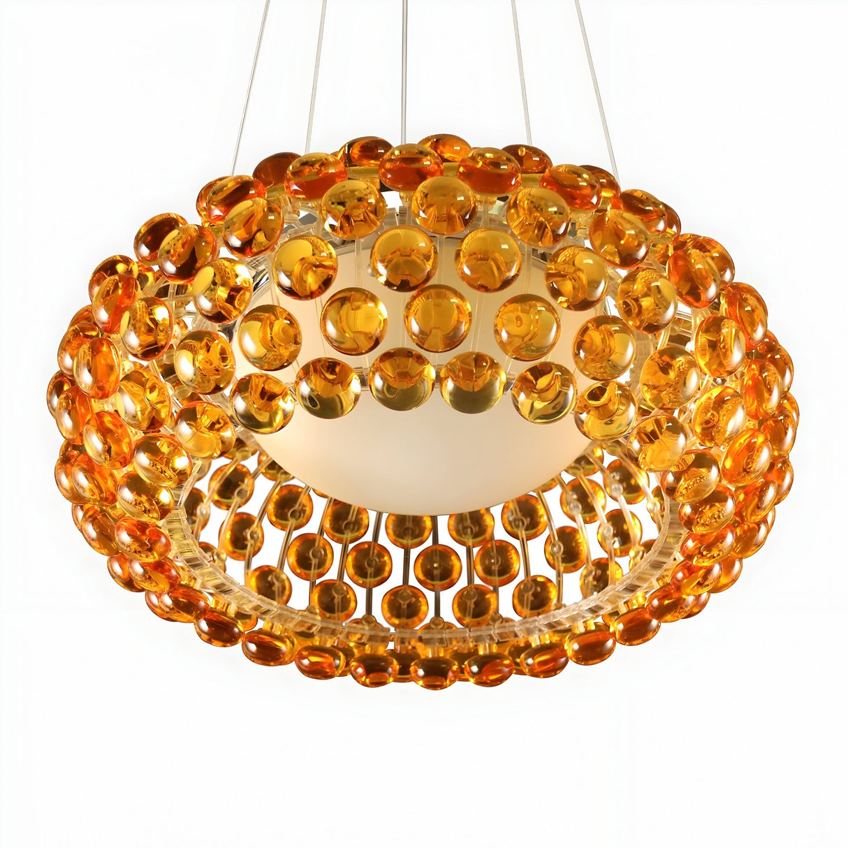 The Briller LED Large Suspension Light - Gold is a modern chandelier with amber-toned acrylic spheres suspended by thin wires in a contemporary design.