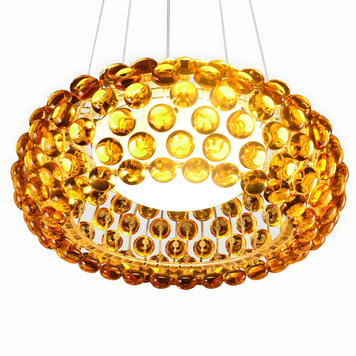 The Briller LED Large Suspension Light - Gold showcases a contemporary design with amber-toned acrylic spheres in concentric rings around bright LEDs, suspended by slender wires.