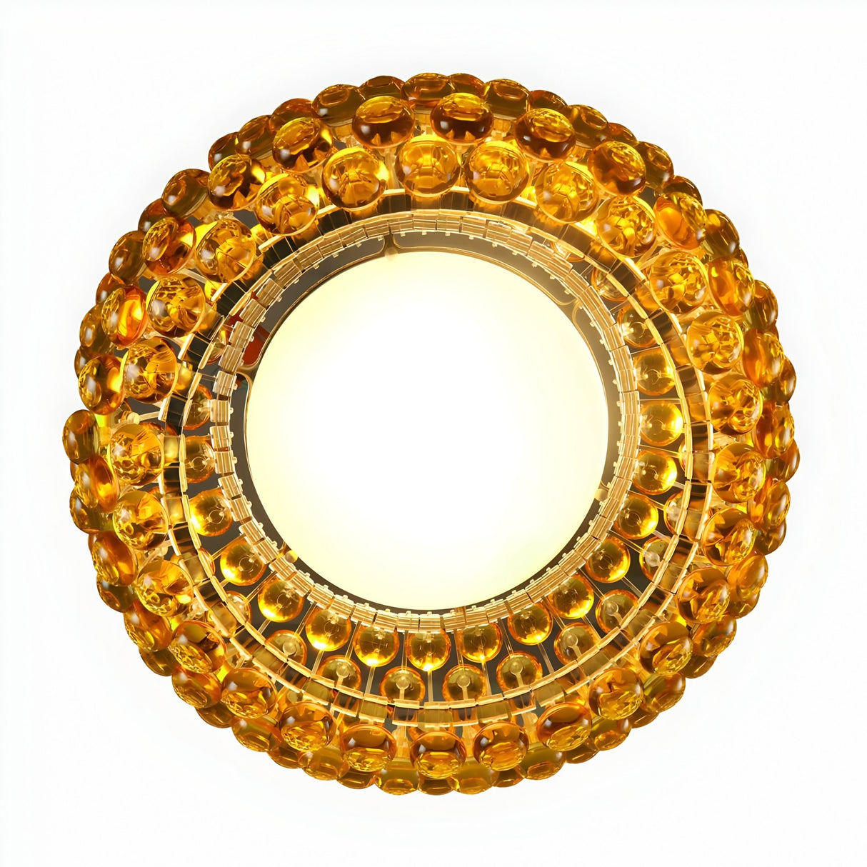 The Briller LED Large Suspension Light - Gold showcases a bright white center surrounded by concentric rings of amber acrylic spheres, forming a decorative, radiant pattern. The image is captured from directly beneath the fixture.