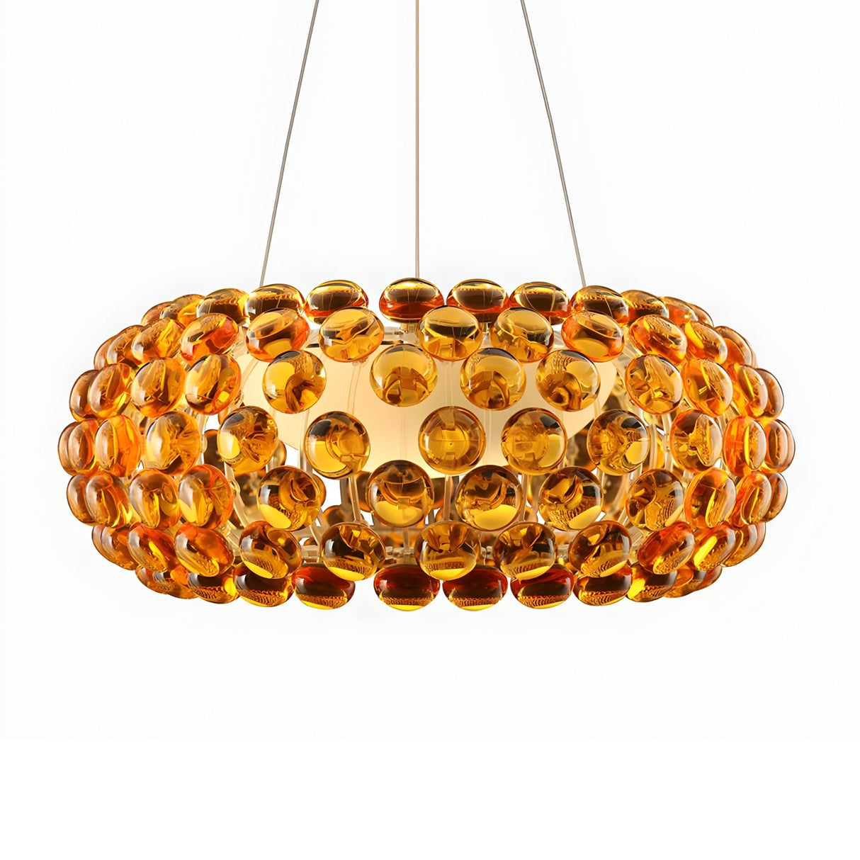 The Briller LED Large Suspension Light - Gold showcases refined elegance and energy efficiency with its modern circular design of gold glass discs, suspended by three thin wires against a white background.