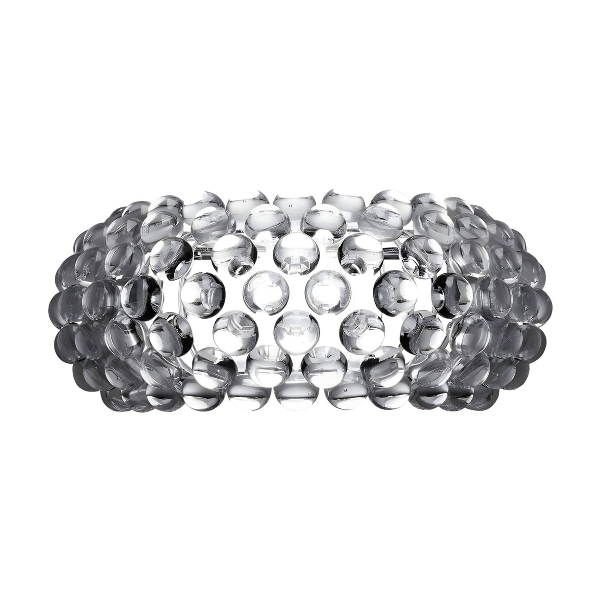 Rows of clear, spherical glass beads form a round, transparent bowl with a grid pattern and open texture, echoing the design of the Briller LED Large Wall Light - Transparent.