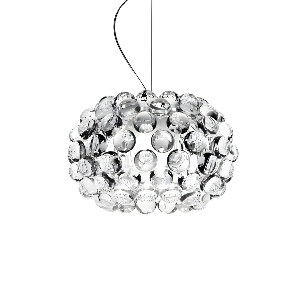 The Briller LED Small Pendant Light - Transparent features multiple clear, rounded glass elements suspended by a thin black cord, providing energy-efficient lighting ideal for modern interiors.