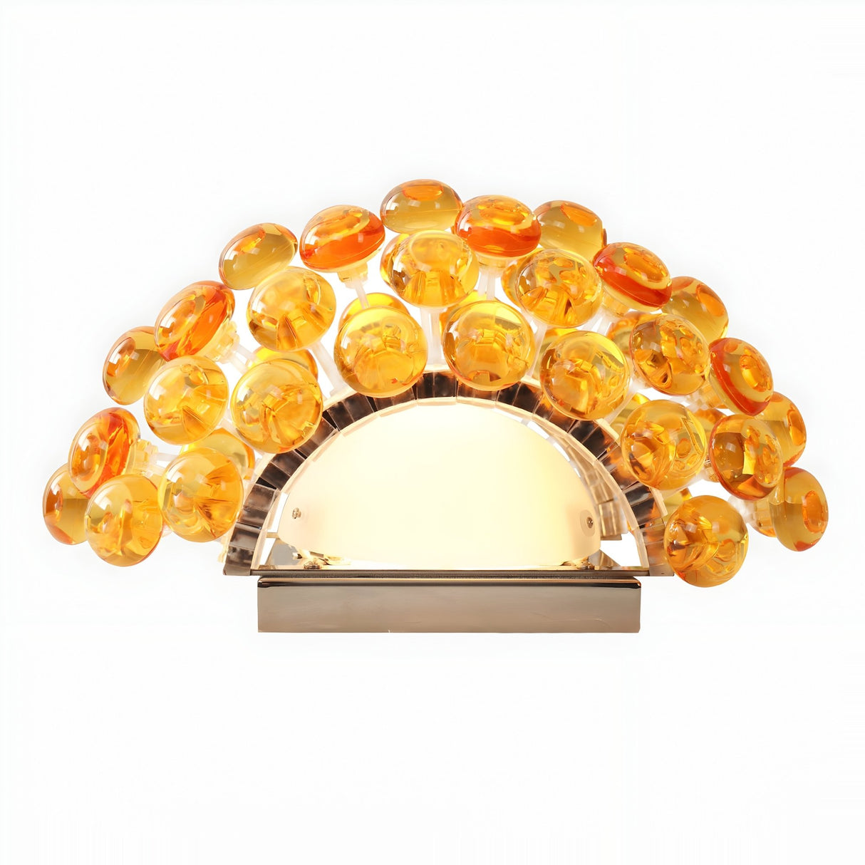 The Briller LED Small Wall Light in gold features a semicircular frosted glass shade topped with an elegant arch of amber acrylic spheres.
