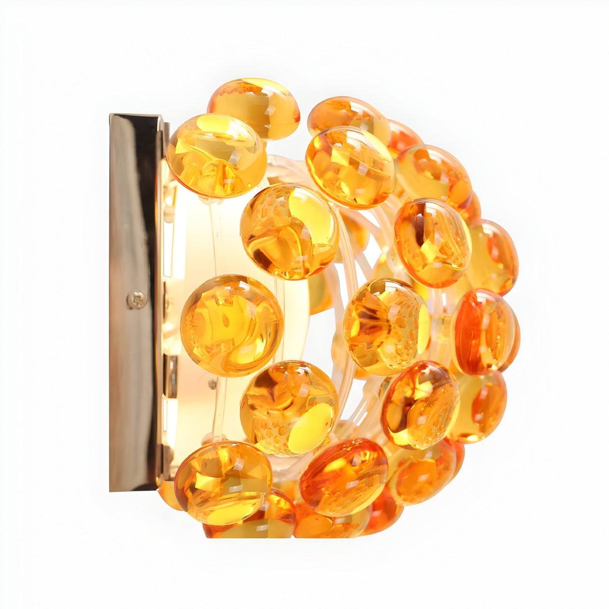 The Briller LED Small Wall Light - Gold features a semi-circular cluster of round amber acrylic spheres on a gold metal base, designed for wall mounting and offering elegant illumination.