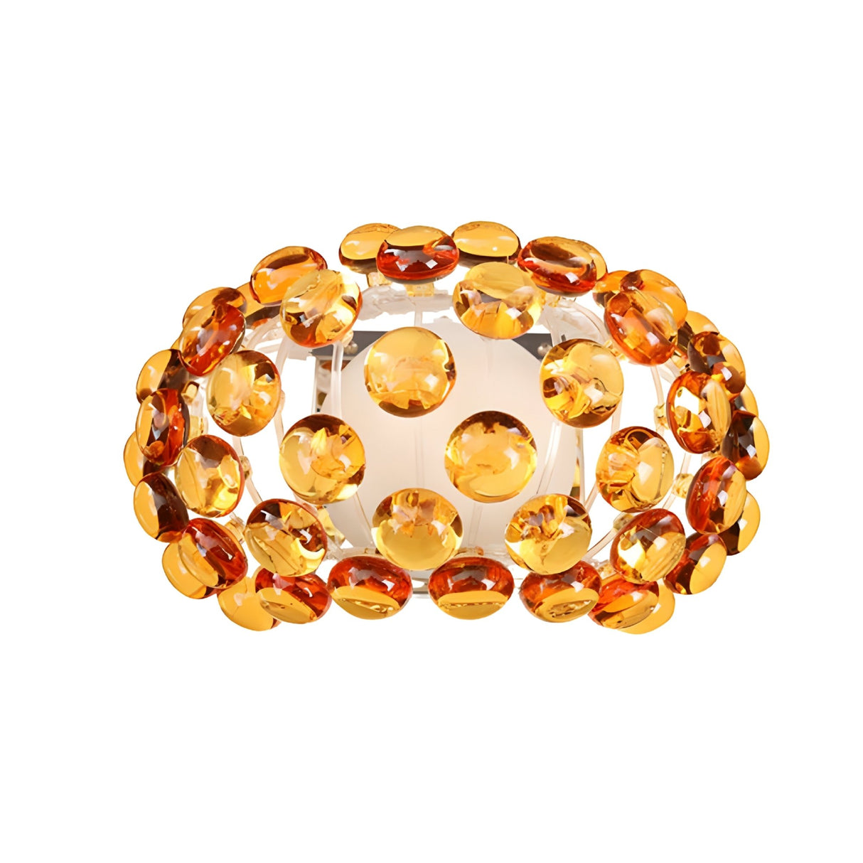 The Briller LED Small Wall Light - Gold is a round, decorative wall fixture with amber acrylic spheres and orange gem-like accents around a central energy-saving white bulb.