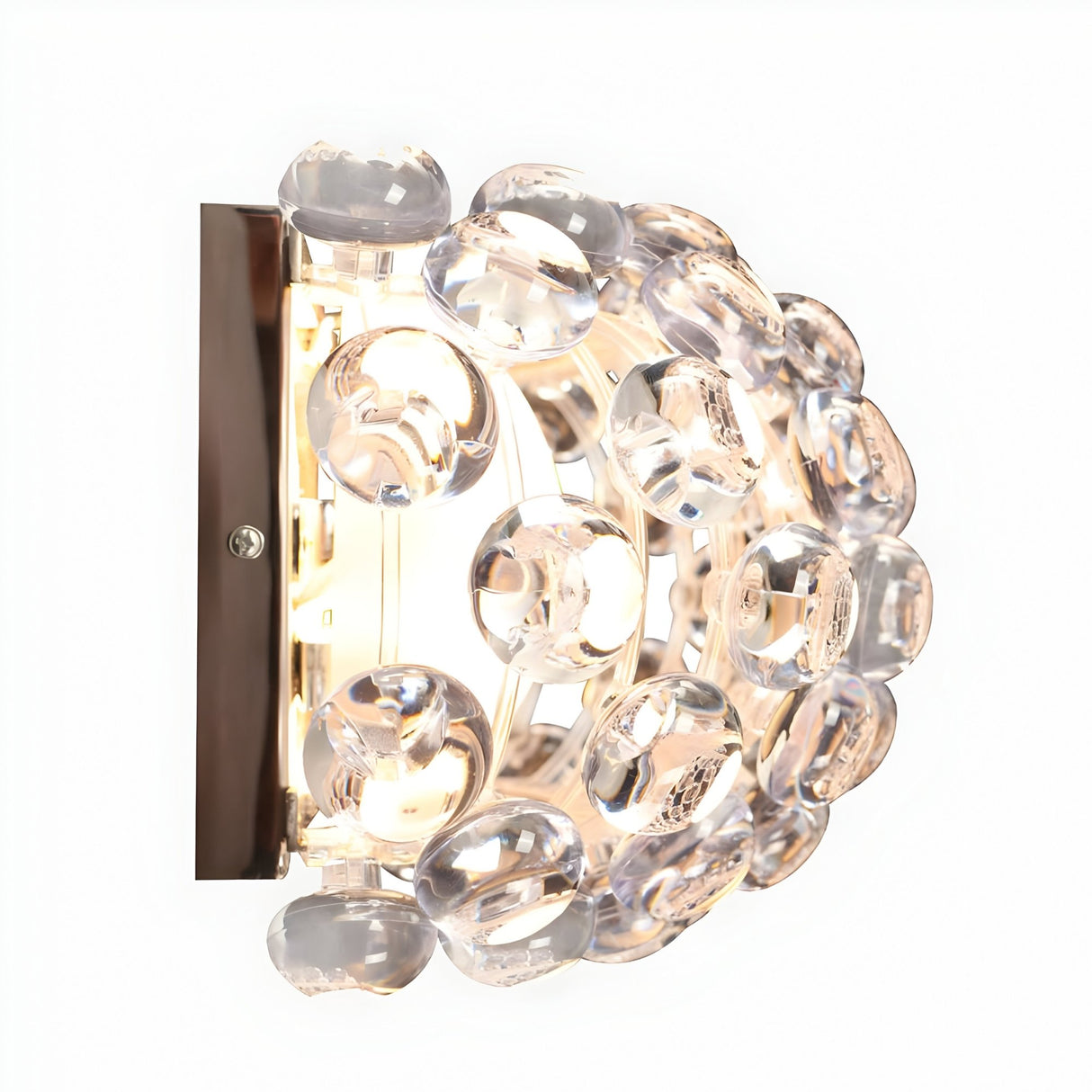 The Briller LED Small Wall Light – Transparent features a rectangular metal base and a curved design with clear glass bubbles, blending contemporary style and elegance for modern interiors.