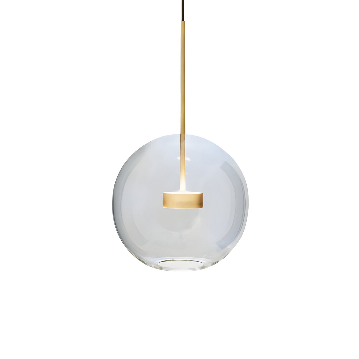 The Bubble LED Glass Pendant Light - Gold features a clear glass globe shade and slim metal rod, offering a modern minimalist design that highlights the central light source against a white backdrop.