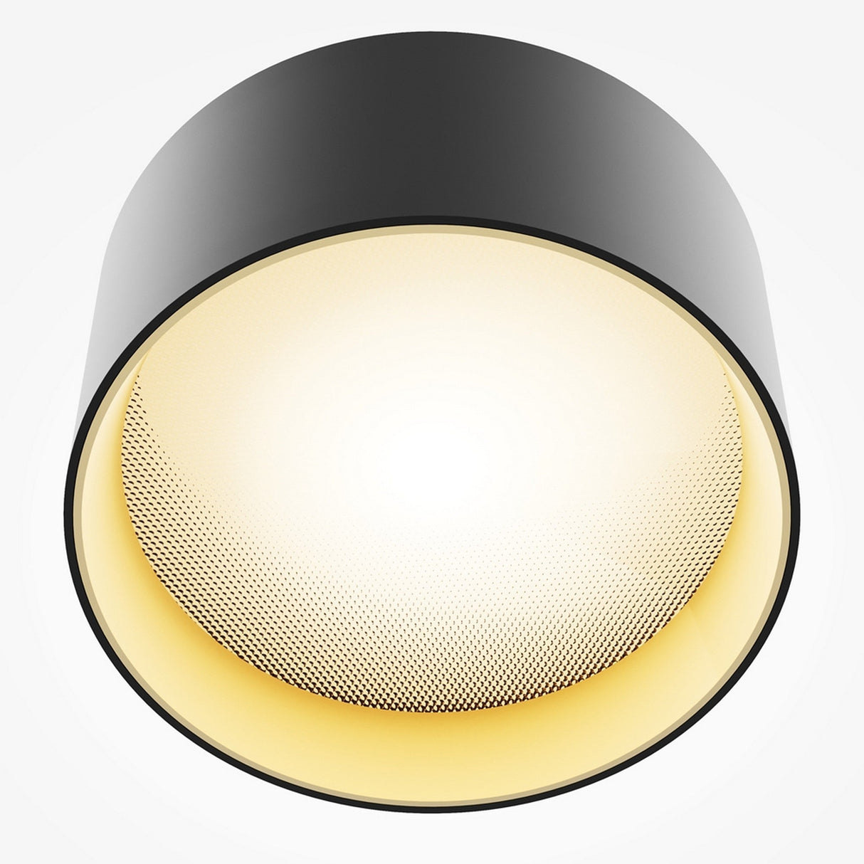 The Vega LED Round Surface Downlight 15W 3000K, in black and matte gold, showcases a sleek cylindrical design with a textured yellow interior that offers warm illumination against a plain white background.