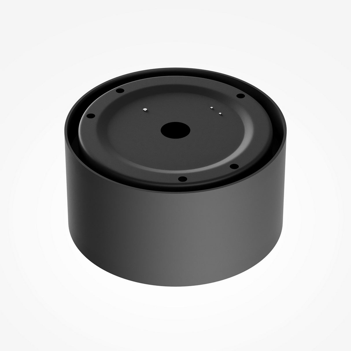 The Vega LED Round Surface Downlight 15W 3000K in Black & Matte Gold is a sleek cylindrical device with a flat top, featuring multiple circular holes and a central indent, set against a plain white background.