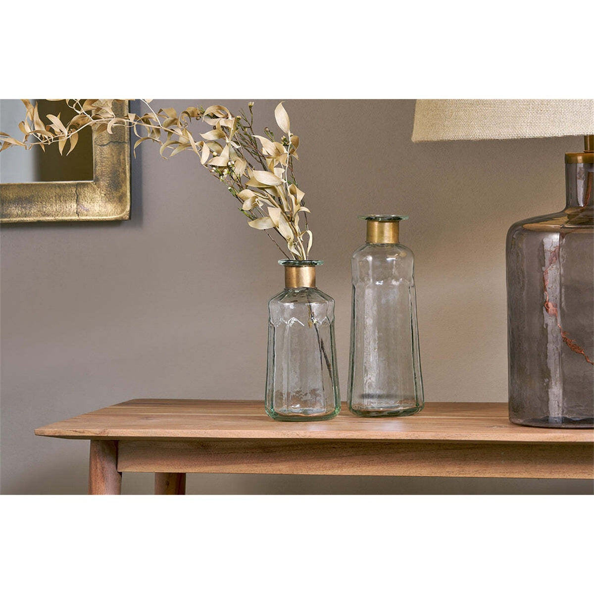 Chara 18cm Glass Bottle Vase - Clear & Antique Brass