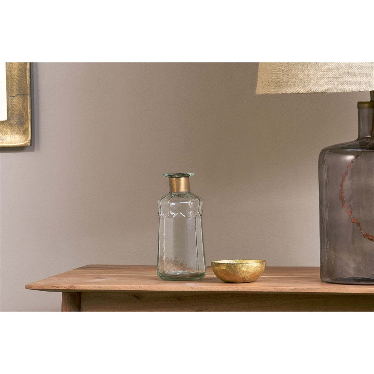 Chara 18cm Glass Bottle Vase - Clear & Antique Brass