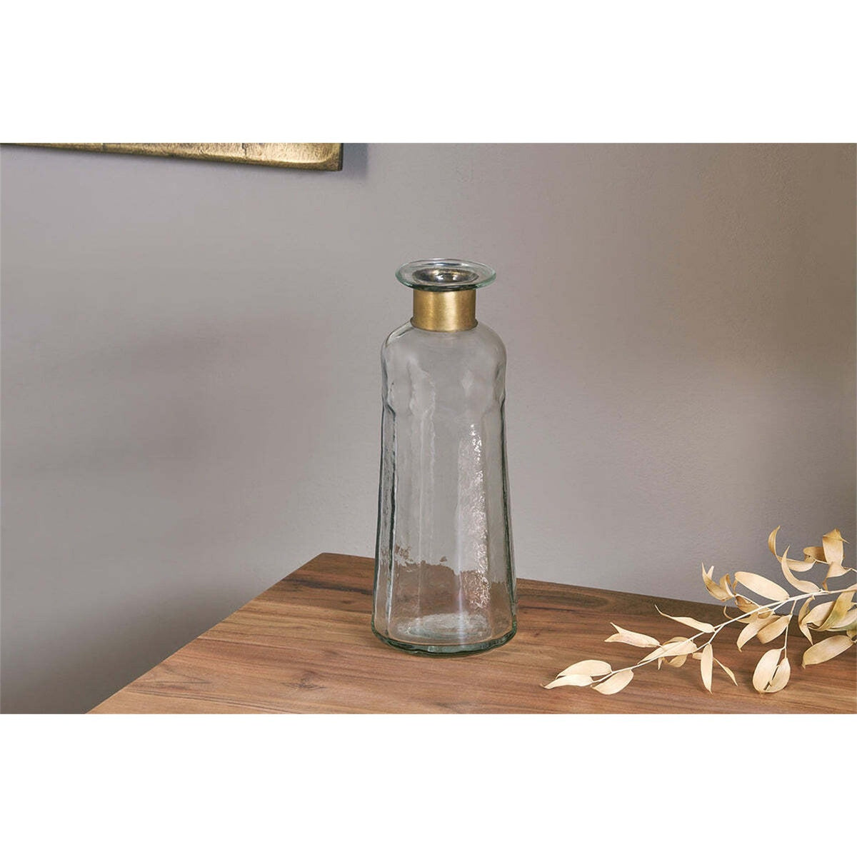 Chara 18cm Glass Bottle Vase - Clear & Antique Brass