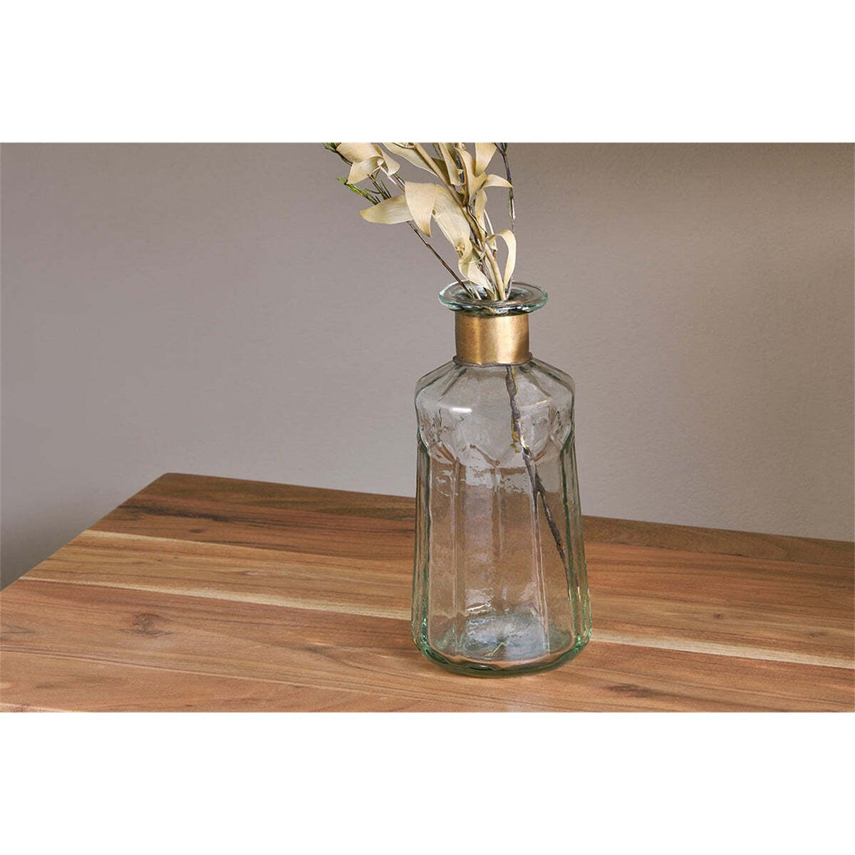 Chara 23cm Glass Bottle Vase - Clear & Antique Brass