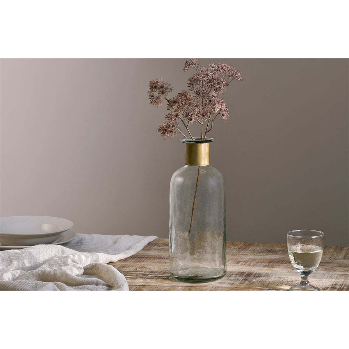Chara 31.5cm Glass Bottle Vase - Clear & Antique Brass