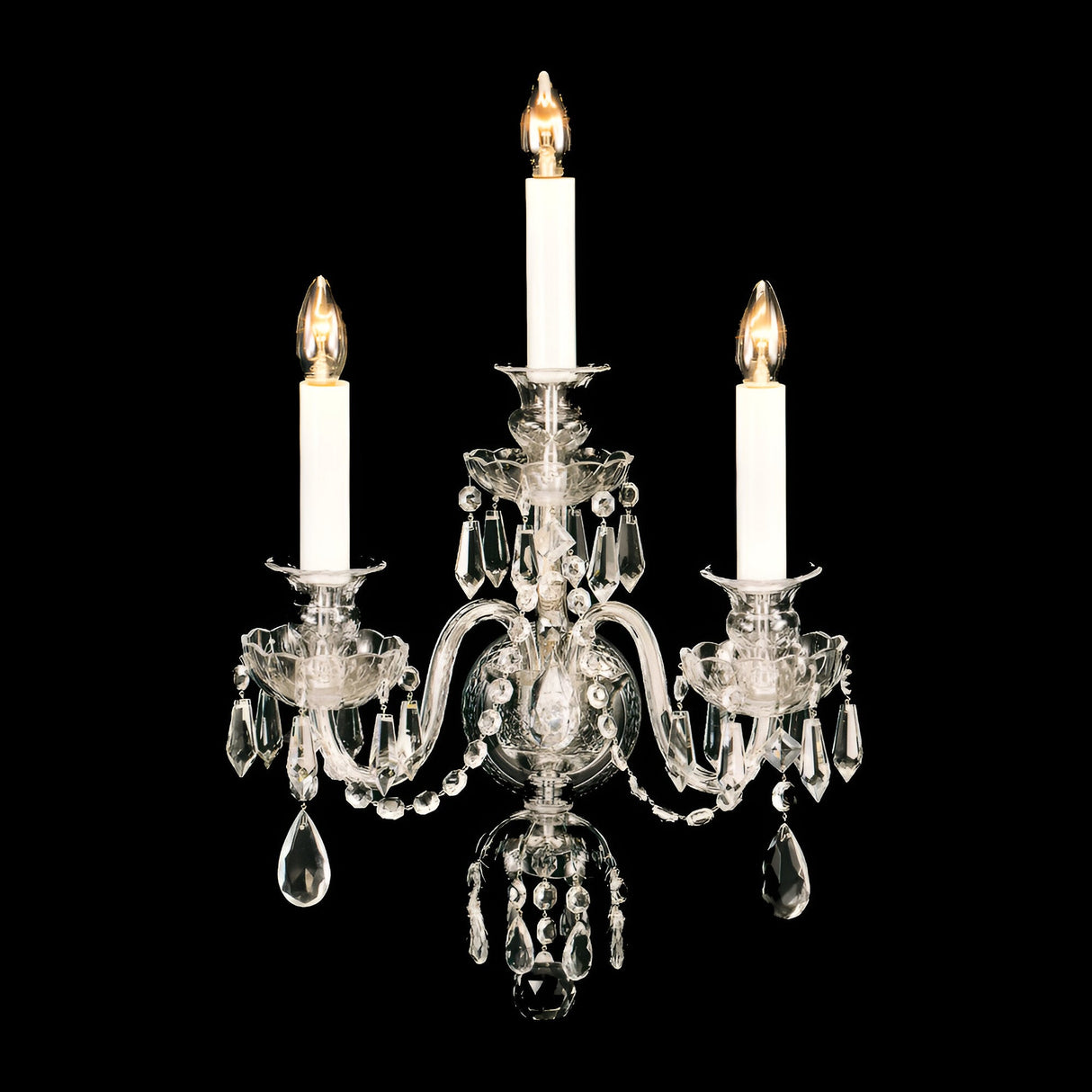 Impex Aberelle 3 light lead crystal wall light in polished chrome with candle-style arms and faceted crystal drops, on a black background.