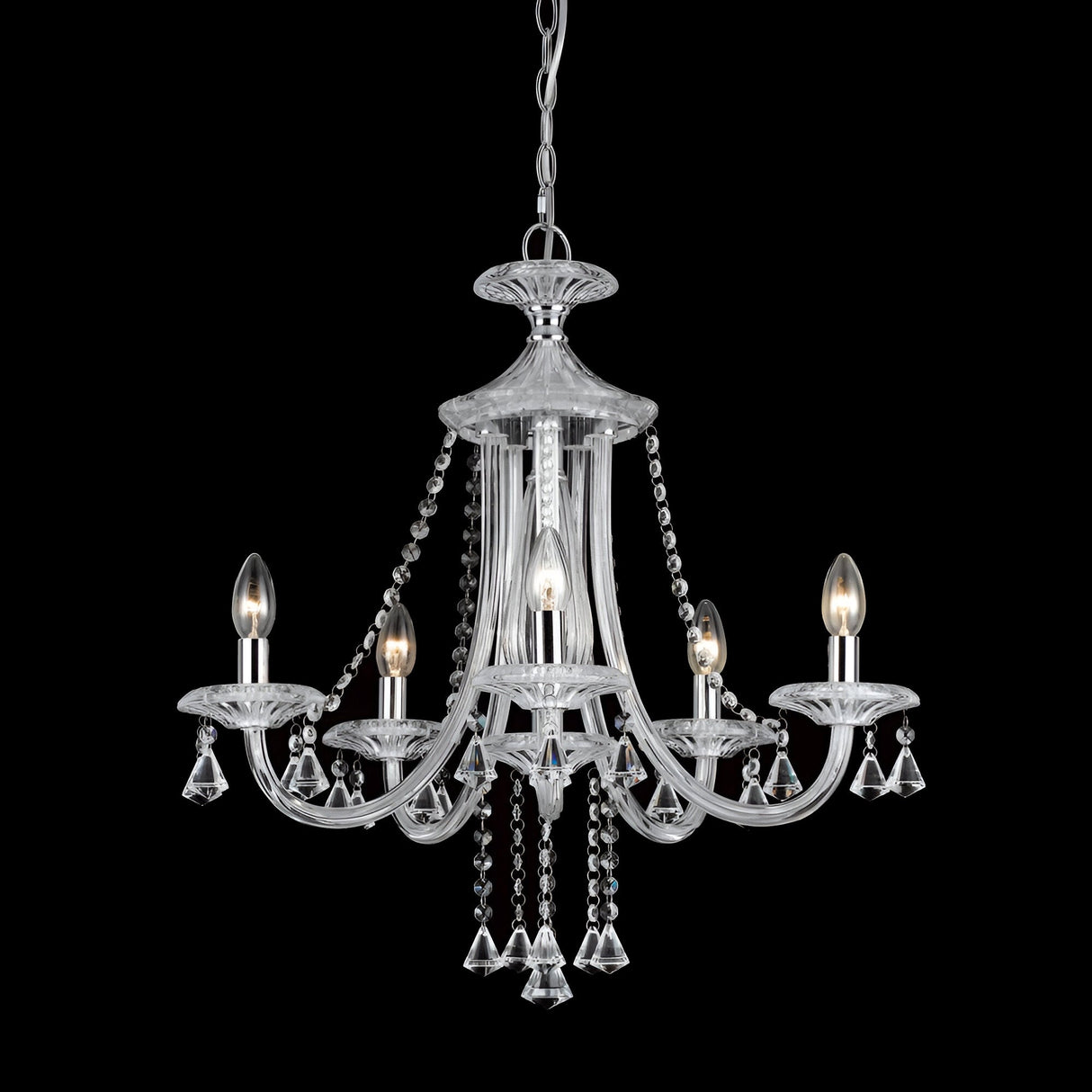 Impex Candler 5 light crystal chandelier in polished chrome with curved arms, candle bulbs, draped crystal chains and faceted teardrop pendants.