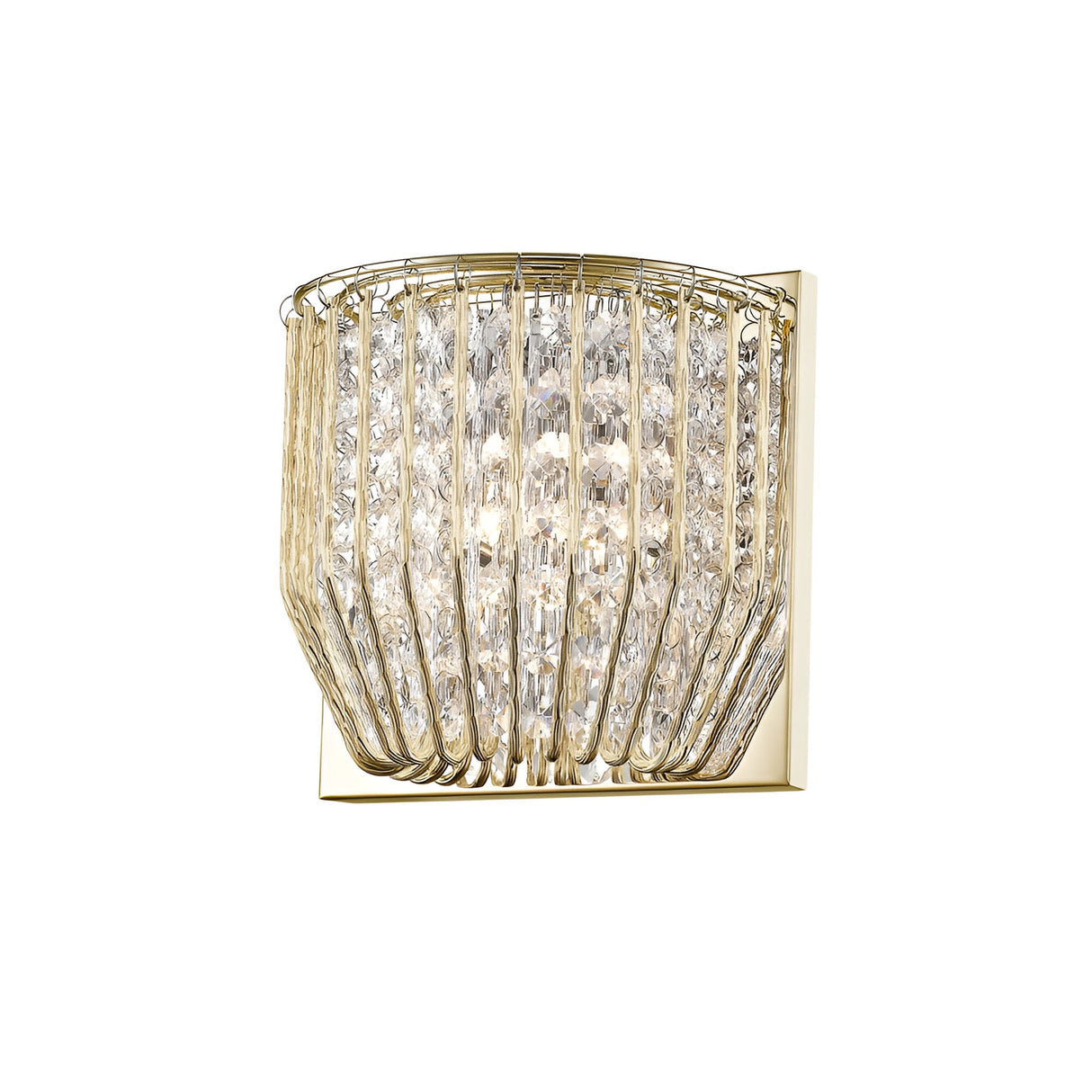 Impex Varo 1 light crystal wall light in gold, half-cylinder bracket with vertical faceted crystal prisms, shown on a plain white background.
