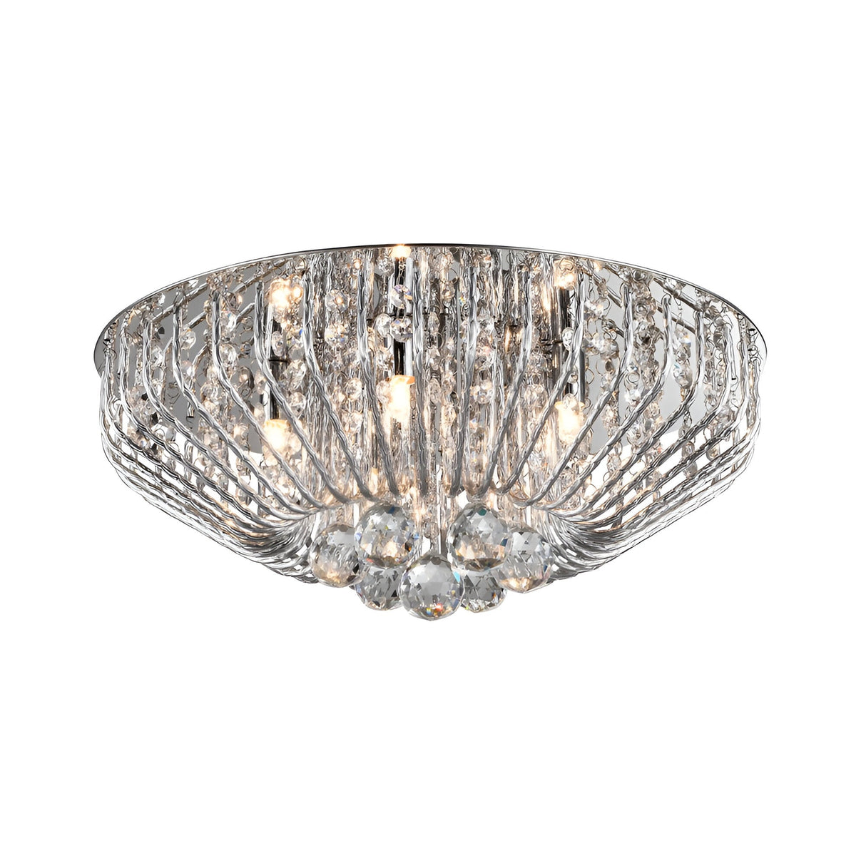 Impex Varo 5 light crystal flush ceiling light with shallow chrome frame, radiating crystal strands and faceted crystal balls, on a white background.