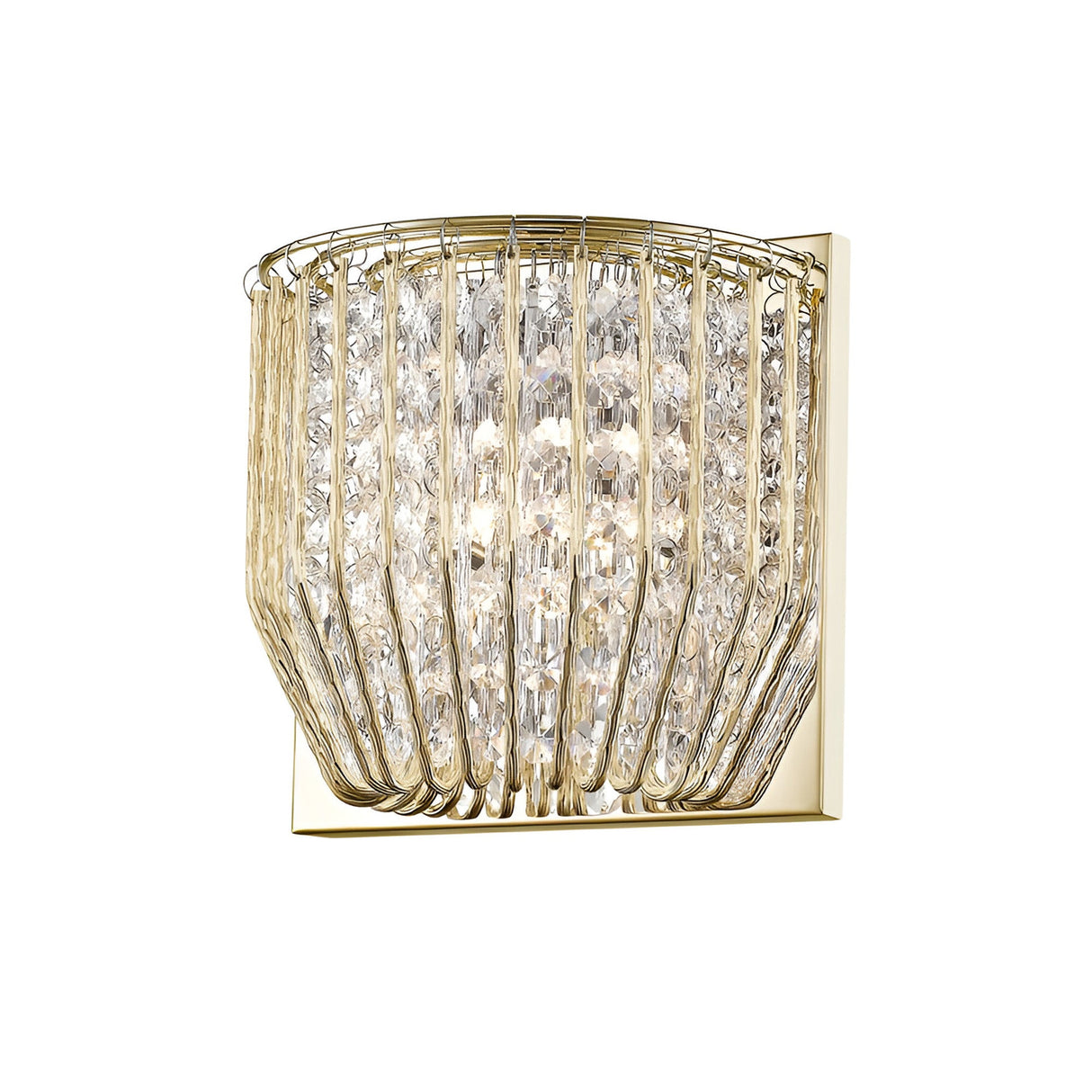 Impex Varo 1 light crystal wall light in gold, with curved bracket and vertical faceted crystal prisms forming a half-cylinder, on a white background.