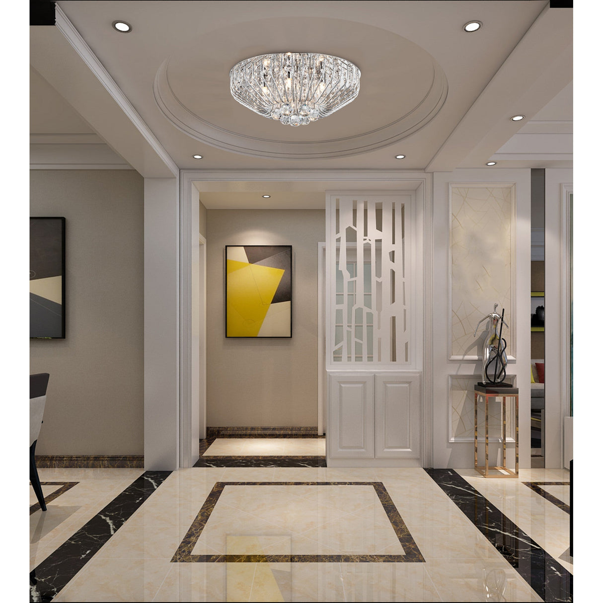 Impex Varo 5 light crystal flush ceiling light in polished chrome, installed in a recessed circular ceiling above a bright marble-floored hallway.