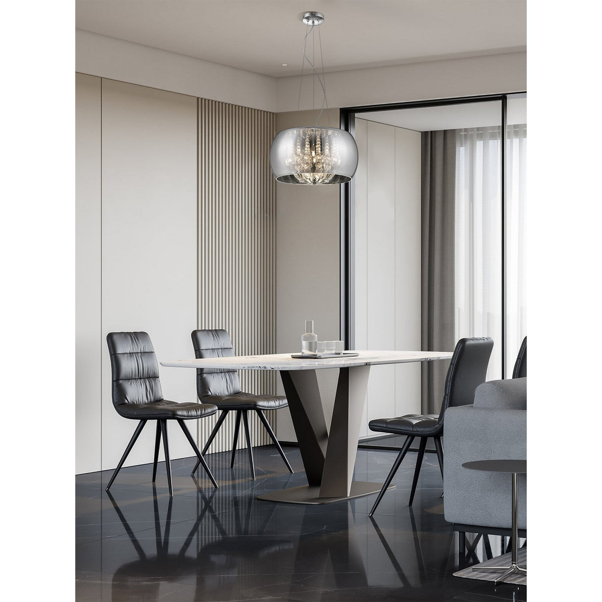 Delya 3 Light Glass & Crystal Beads Suspension Light - Chrome