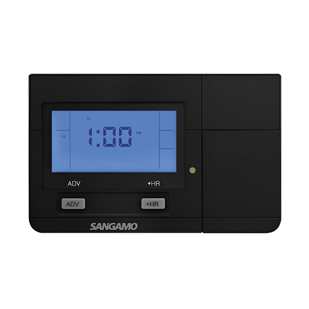 The Choice Plus 1 Channel Digital Programmer - Black presents the time as 1:00 PM on a stylish backlit blue screen, featuring two buttons labeled ADV and +HR, with the Sangamo brand displayed at the bottom. Its sleek black rectangular design includes a small green indicator light for added convenience.