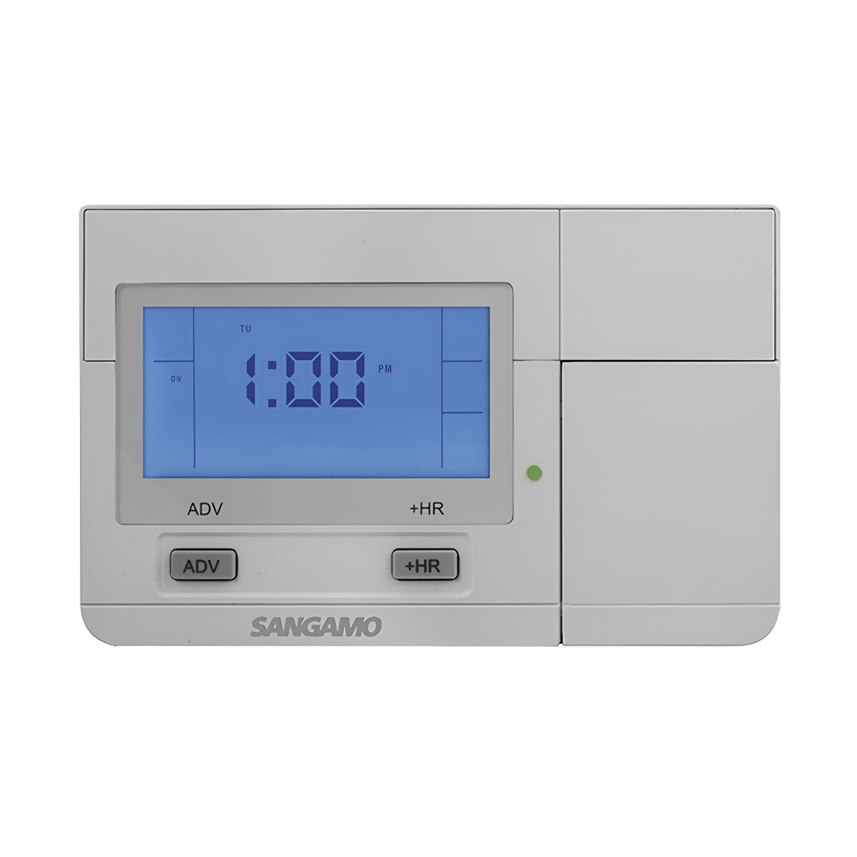 The Choice Plus 1 Channel Digital Programmer in silver is a digital, wall-mounted programmable thermostat. It features a backlit blue screen displaying 1:00 PM and includes ADV and +HR buttons. Its minimalist design enhances both style and functionality.