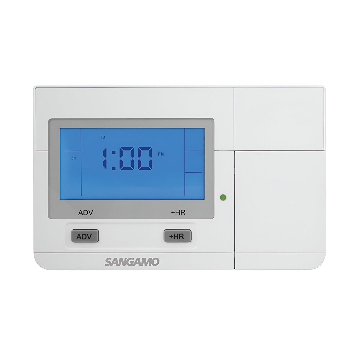 The Choice Plus 1 Channel Digital Programmer in white features a backlit display showing the time as 1:00 PM on a calming blue screen. It includes buttons such as ADV and +HR, along with an indicator light. This 24-hour programmable device exemplifies both elegance and precision in temperature control.